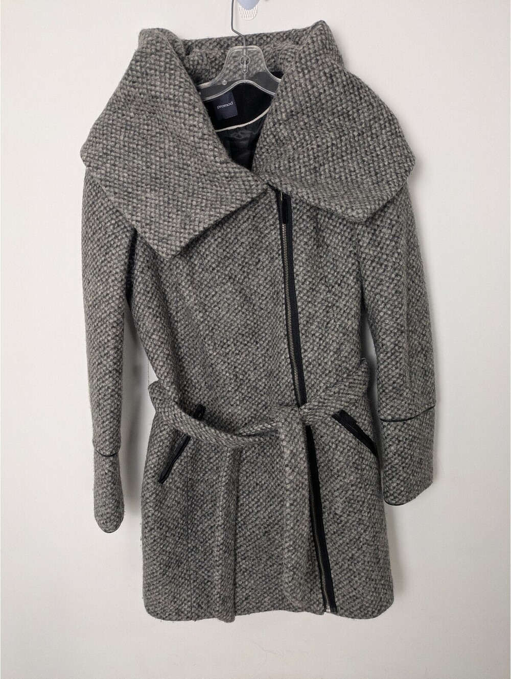Promod Grey Textured Asymmetric Zip Belted Moto Wrap Overcoat USA 8 / EUR 40